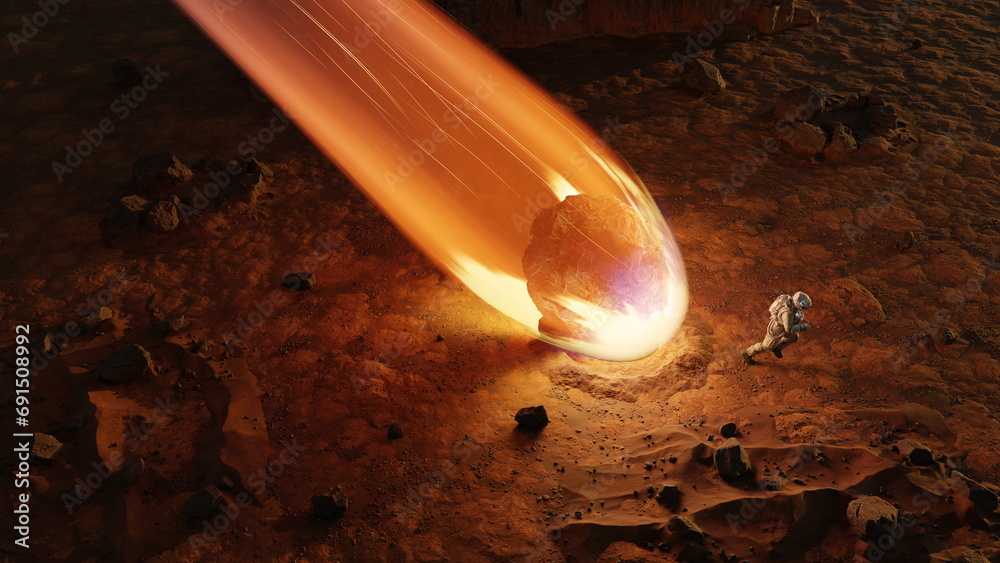 Wall mural astronaut escapes from falling comet asteroid, fiery asteroid from outer space crashes into surface 