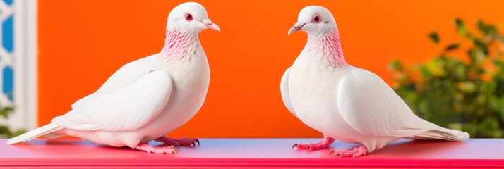 Lovely couple of white doves, two close up pigeons on bright background. Wide panoramic banner.