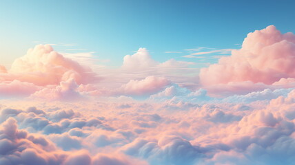 Pink blue clouds at sunset, cloudy air, flying in the sky, landscape sky at dawn. 3d render - obrazy, fototapety, plakaty