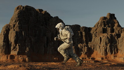 Astronaut running across planet Mars, exploring other planets and worlds. Cosmonaut in a white...