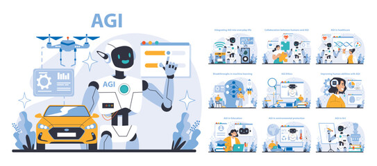 AGI set. Futuristic AI integration in daily life, healthcare, and education. Robotic advancements transforming human interaction and abilities. Flat vector illustration.