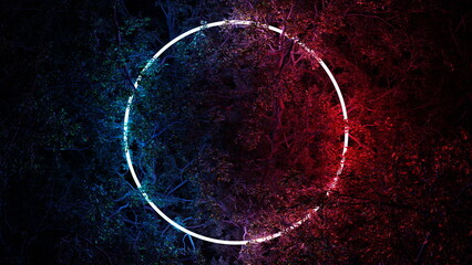 Luminous circle ring in foliage of tree branches on black background. Neon glow illumination, place for text. 3d render - obrazy, fototapety, plakaty