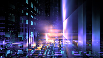 Digital city matrix, metaverse. Futuristic technological digital city, glowing structures of cyberspace. 3d render