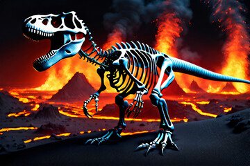 Dinosaurier T-Rex Skelett in einem Lavastrom Nacht
