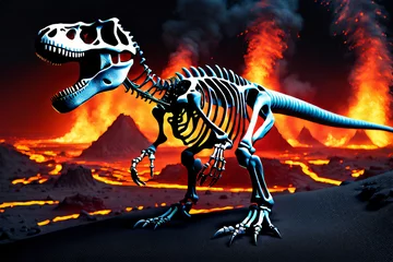 Fototapeten Dinosaurier T-Rex Skelett in einem Lavastrom Nacht © Pixelot