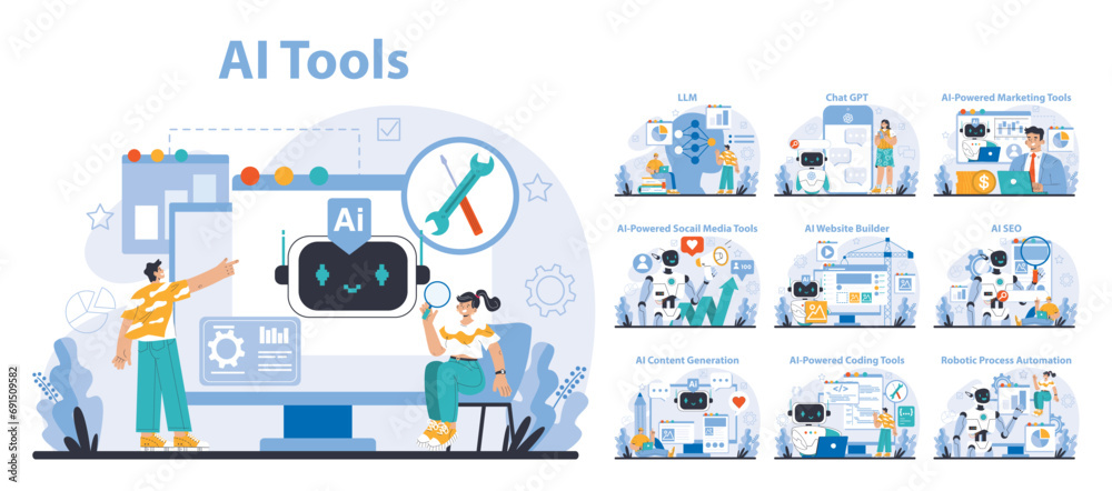 Poster ai tools set. a comprehensive suite of ai-driven applications. enhances productivity in digital task