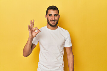 Young Hispanic man on yellow background cheerful and confident showing ok gesture.