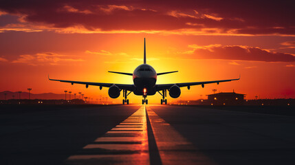 Fototapeta na wymiar airplane landing or takeoff on airport runway at sunset, plane flying at orange sky background at sunrise