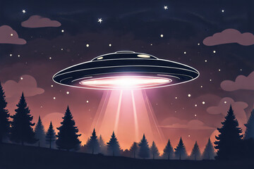 Fototapeta na wymiar UFO in der Nacht über einem Wald