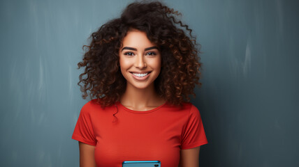 Young slim female leader with shoulder length black curly hair wearing a red basic t-shirt and holding a smartphone - obrazy, fototapety, plakaty