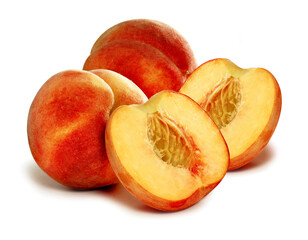 three peaches, two of which are whole and one cut in half on a white background