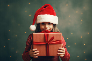 Generative AI child girl Christmas atmosphere holding big giftbox happy new year