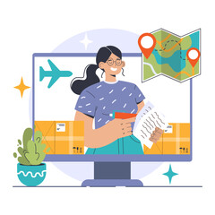 Distributor concept. Efficient woman managing logistics, monitoring shipments on a computer screen. Global trade, package delivery, and location tracking. Flat vector illustration