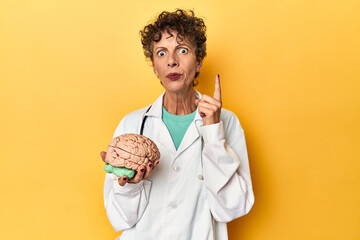 Doctor holding a brain model on yellow studio having some great idea, concept of creativity.