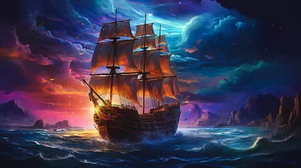 Foto op Plexiglas colorful illustration of old ancient wooden sail ship, pirate sailboat at open sea or ocean, watercolor style image © goami