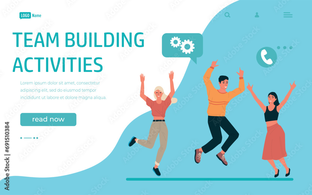 Poster team building landing page. happy jumping men and women group. website interface design template. co