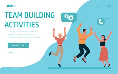 Team building landing page. Happy jumping men and women group. Website interface design template. Colleagues communication. People cooperation. Company teamwork. Vector web background