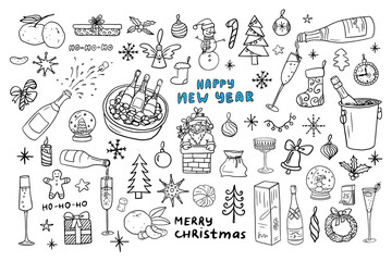 Big set of Christmas and New Year elements in doodle style. Champagne bottles, glasses, tangerine. Cute illustration for design, greeting card, decoration, textile. Hand drawn.  Winter.