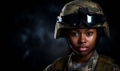 Black girl with blonde hair wearing camouflage fatigues, military uniform and helmet. Light form Studio lighting. - obrazy, fototapety, plakaty