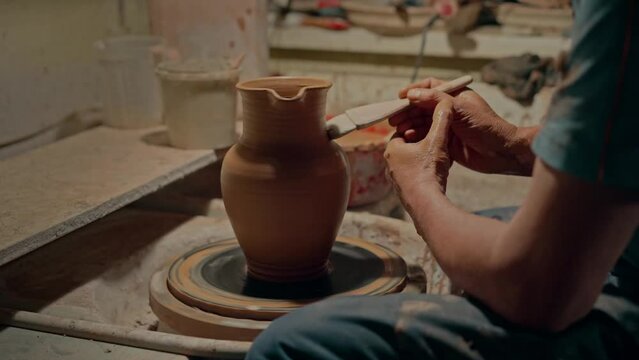 Potter painting the clay jug. Creative decoration. An adult man paint his handcraft product spinning on pottery wheel. Hobby of elderly person. Satisfying process modeling ceramic pot