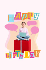 Collage 3d image pop retro sketch of young female celebrate happy birthday online congratulation messages billboard comics zine minimal