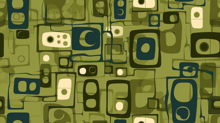 Wallpaper in retro tv square shapes style on green background. Abstract background in organic shapes in retro atomic style in soft tones.