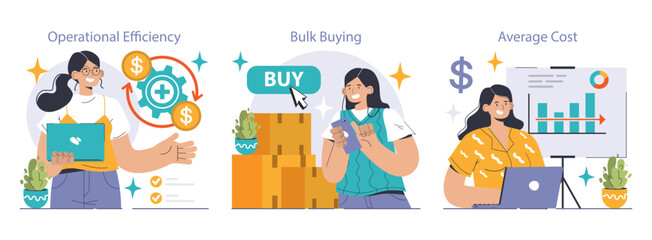 Economies of scale set. Company scale of operation, amount of output produced per unit of time. Mass production efficiency. Flat vector illustration