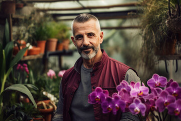 Greenhouse owner entrepreneur standing next to healthy garden harvest Generative AI