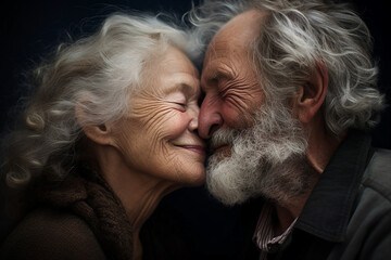 AI generated portrait of beautiful happy cheerful people kissing on dark background
