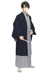 羽織と袴を着用して立っている着物男子（黒×グレー）