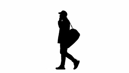 Fototapeta na wymiar Portrait of traveler isolated on white background alpha channel. Silhouette of man cap walking with sport bag and talking on smartphone.