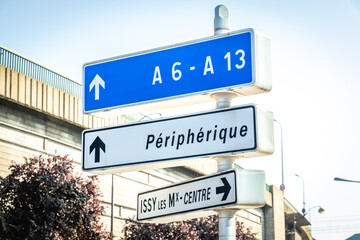 A6, A13 and Peripherique road sign outside the city of Paris, France