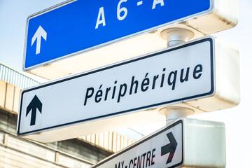 Peripherique road sign in a street of the city of Paris, France