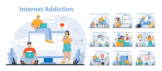 Internet Addiction set. Diverse scenarios showcasing excessive use of digital platforms. From social media to online gaming, a critical take on the digital age. Flat vector illustration.