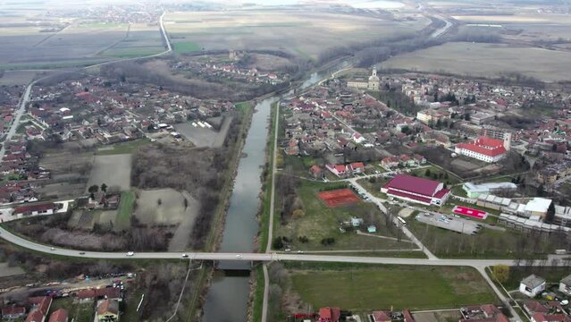 Aerial view of small town Bac in Serbia