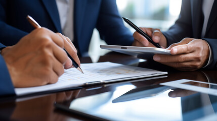 Close up of businessman hands holding pen and writing on paper report at desk in modern coworking office, business man signing contract making a deal - Powered by Adobe