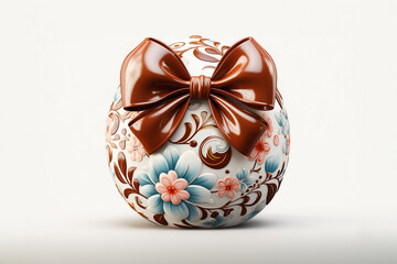 Uovo di Pasqua di cioccolato con decorazioni isolato su sfondo neutro