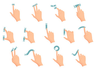 Touch screen hand gestures. Flat colored icon series with movement of fingers isolated  illustration. Hand touchscreen gestures.  like swipe or slide touch - obrazy, fototapety, plakaty