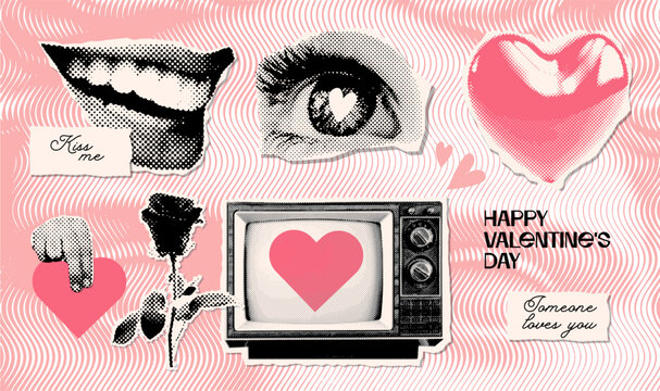 Collage grunge dotted punk halftone collage stickers set with lips, eye, mouth, tv, hear and rose doodle elements in y2k retro style. Valentine's day advertising design. Trendy vector illustration.