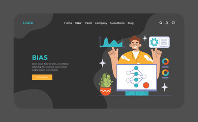 Addressing AI bias concept. Enthusiastic expert adjusts neural network model, pointing at graph and settings, ensuring machine fairness. Data variance, configuration control. Flat vector illustration