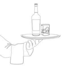 Continuous line drawing waiter hand holding tray with bottle and glass icon vector illustration concept