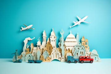 Travel around the world banner design by paper cut, minimal flat design style, journey, vacation, tourist concept, papercut illustration