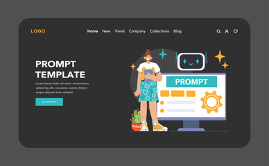 Prompt-engineers writing a command to a artificial neuron network web or landing. Artificial intelligence development. Character using AI to create a text or an image. Flat vector illustration