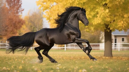 Beautiful black horse running on the lawn. Outdoor background.