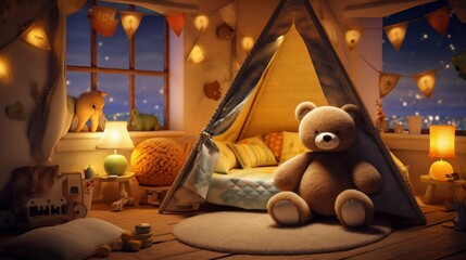 Cozy Children's Bedroom at Night with Teddy Bear and Tent. Generative ai