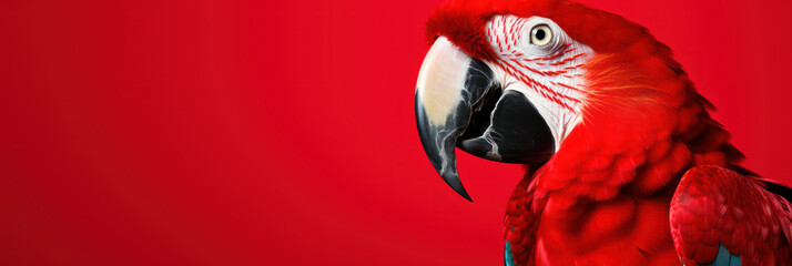 Beautiful macaw parrot bird on red background, wide horizontal panoramic banner with copy space, or...