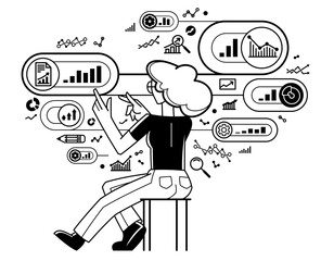 Worker analyzes some data and systematizing information, vector outline illustration, abstract big data analysis, automation