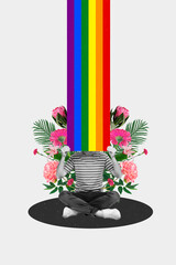 Creative vertical collage picture sitting young retro man hold rainbow blossom bunch flowers behind
