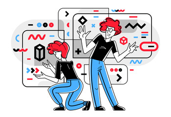 Creative workers doing some job and creating some system, inspired inventive designers or engineers composing abstract elements, vector outline illustration.