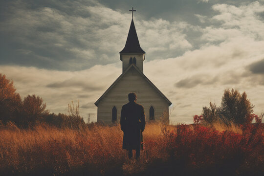 Rear view of man standing in front of old Church
